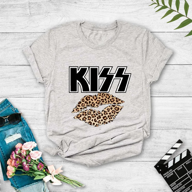 kiss leopard print color big mouth interesting pattern printing casual100%pure cotton short-sleeved t-shirt blouse t-shirt women