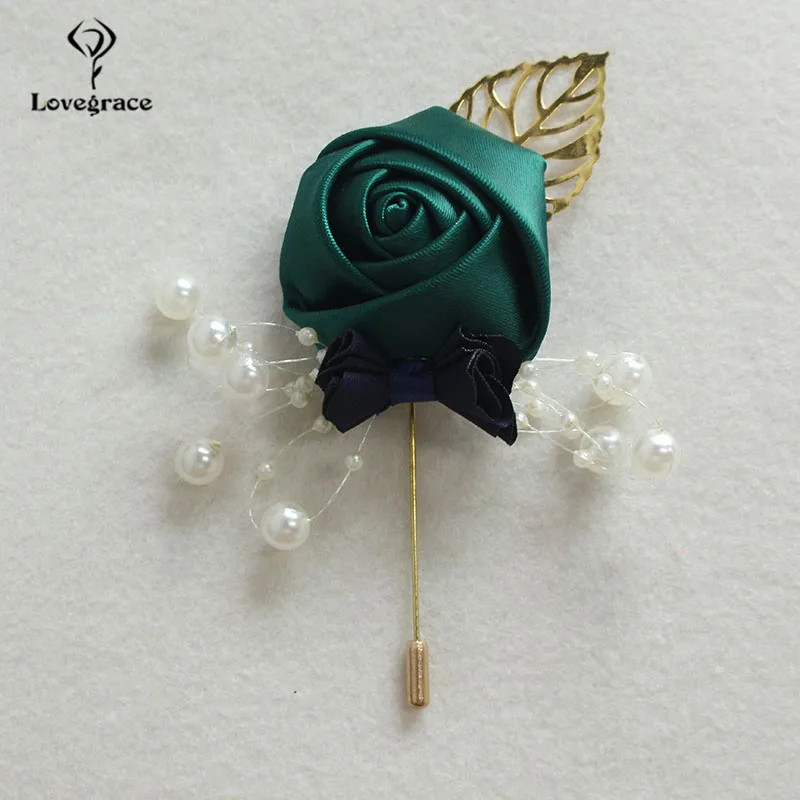 Lovegrace injRose-Boutonnière de Mariage pour Homme, Perles Artificielles, Feuilles Dorées, Décor Bridedivboutonnière