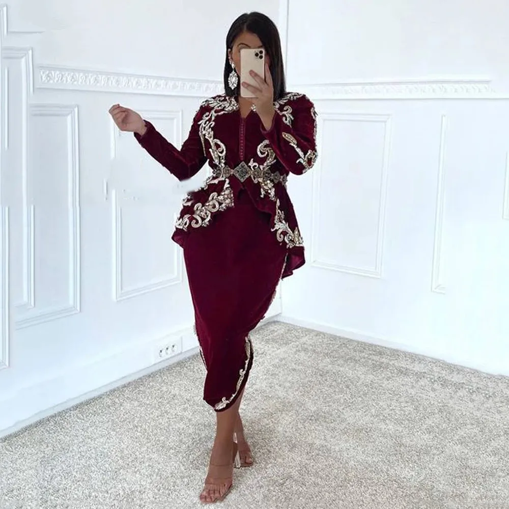 

Burgundy Moroccan Kaftan Caftan Muslim Evening Dresses Sheath Long Sleeves Appliques Dubai Arabic Turkey Abaya Islamic Gown