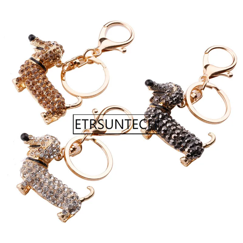 

50pcs Cute Puppy Dachshund Keychain Alloy Rhinestone Keychain Key Holder For Lady Girls Bag Pendant Gift