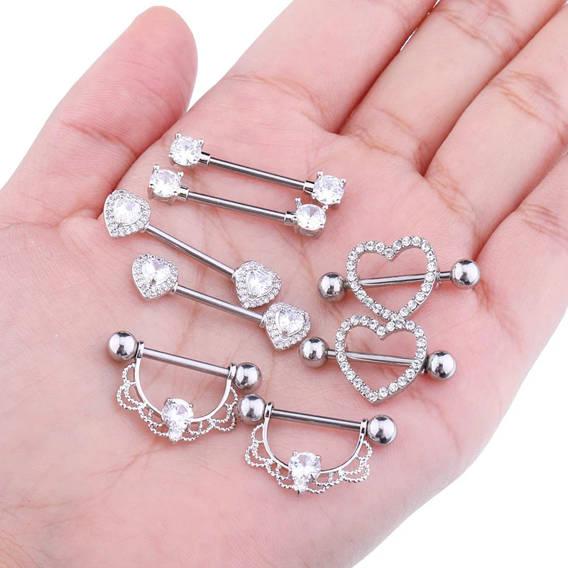 Stainless Steel Heart Nipple Piercing Ring 14G Crystal Tongue Ring Nipple Barbell Set Charming Piercing Nipple Set Pircing Teton