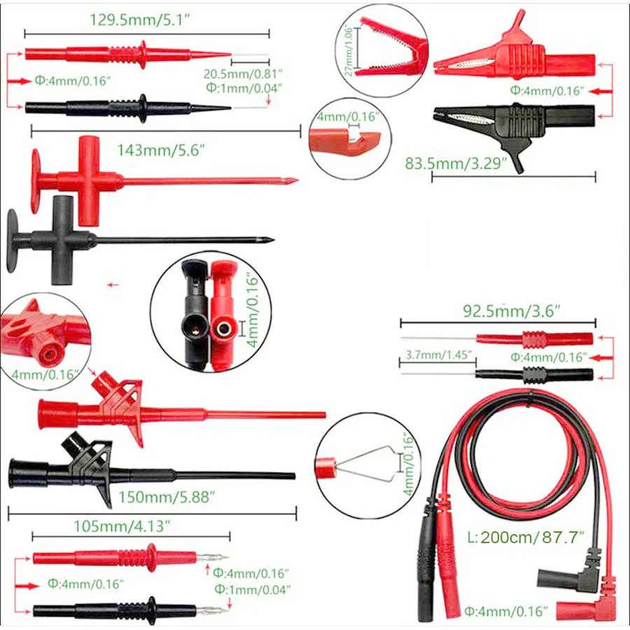 

14 in 1 Car Multi-function Multimeter Leads Combination 200cm/78.7in Cable Universal Meter Test Hook/Alligator Clip/Probe Needle