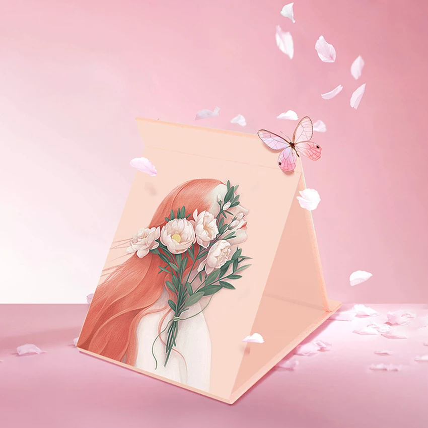 만화 데스크탑 플립 드레싱 미러 다기능 뷰티 스타일링 메이크업 거울 접는 포켓 화장 거울 화장품 도구
