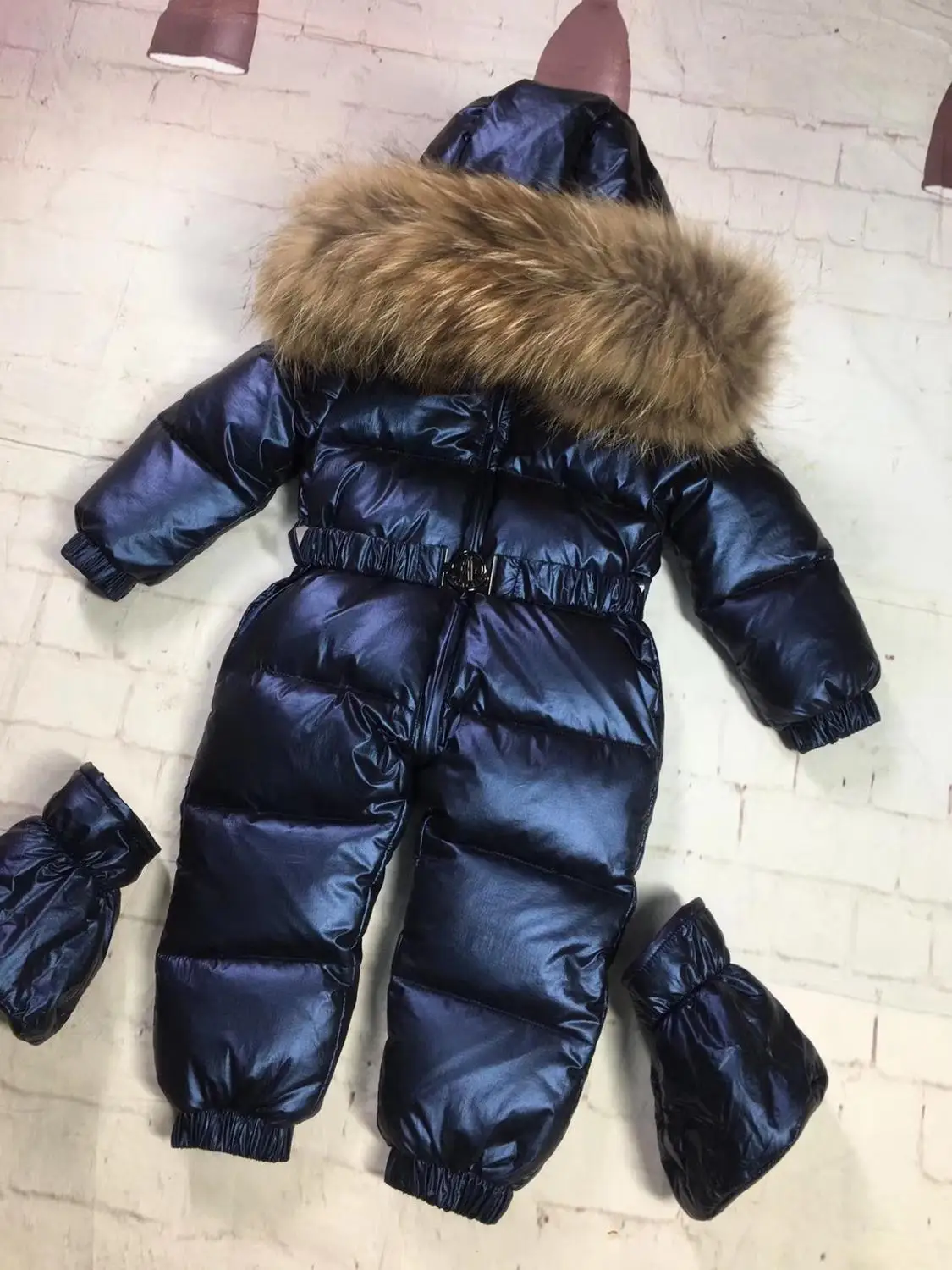 75-155cm 2024 Winter baby down coat duck down suit outerwear Fur overalls children\'s Snowsuit down coats Child jumpsuit romper