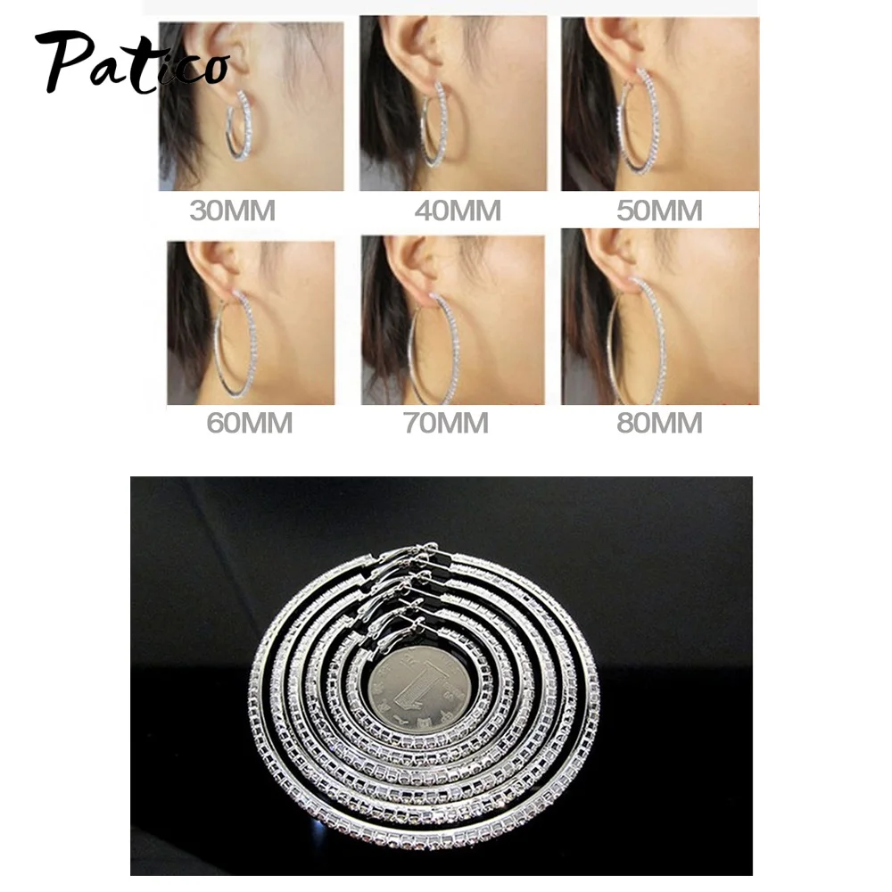 1 pair/2 pieces 30-90MM Mixed Austrian Crystal Stone Sterling Silver Needle Earrings Hoop Circle Earring Jewelry   Fashion Girl