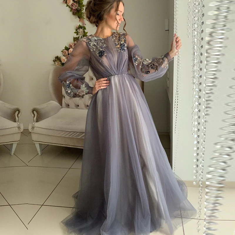 Eightale Gray Arabic Dubai Evening Dresses O-Neck Long Sleeves Prom Gowns Flowers Tulle A-Line Party Dress Mother of Bride Dress