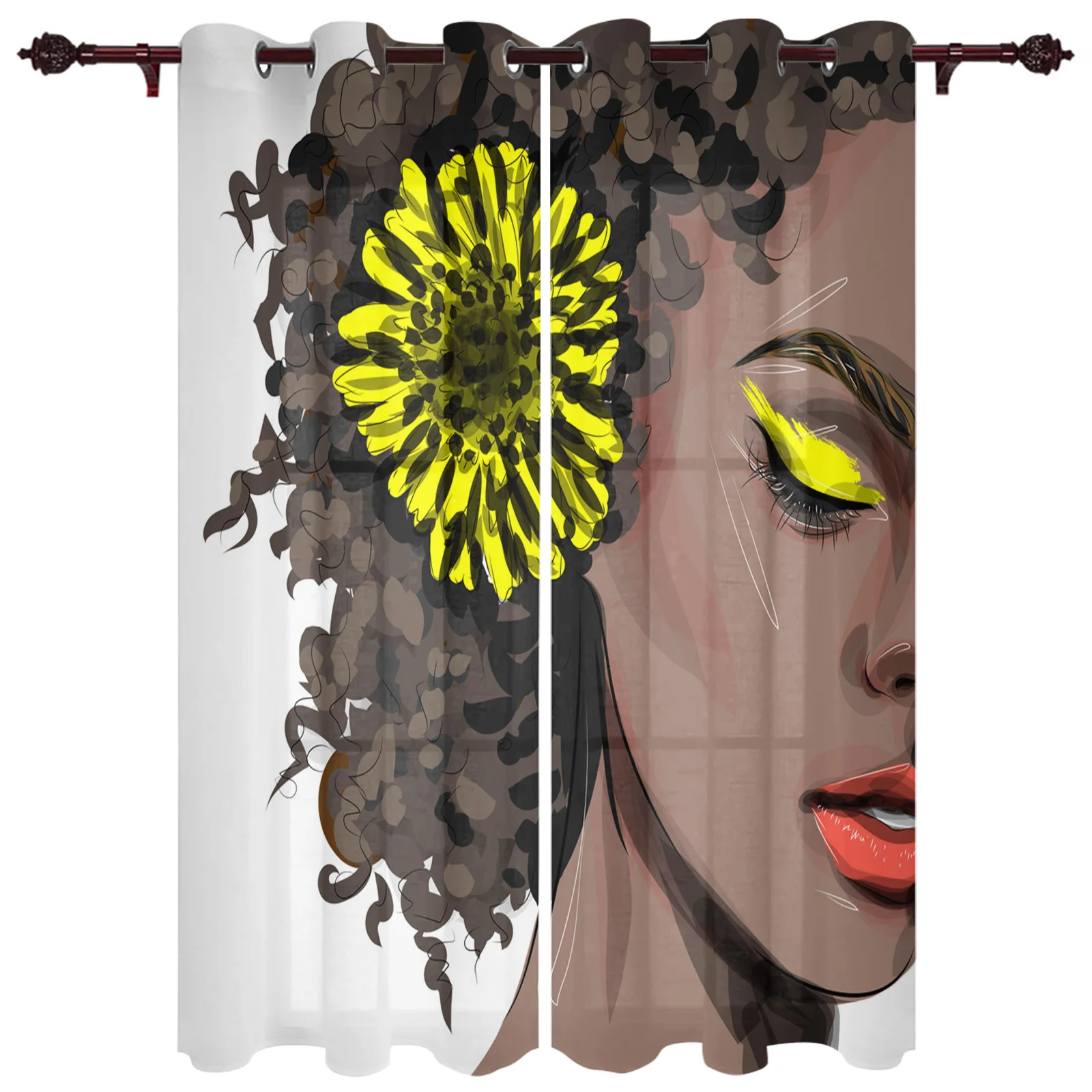 Black Girl Flower Doodle Large Curtains For Living Room Window Curtain Bedroom Kitchen Balcony Gazebo Curtain Room Divider