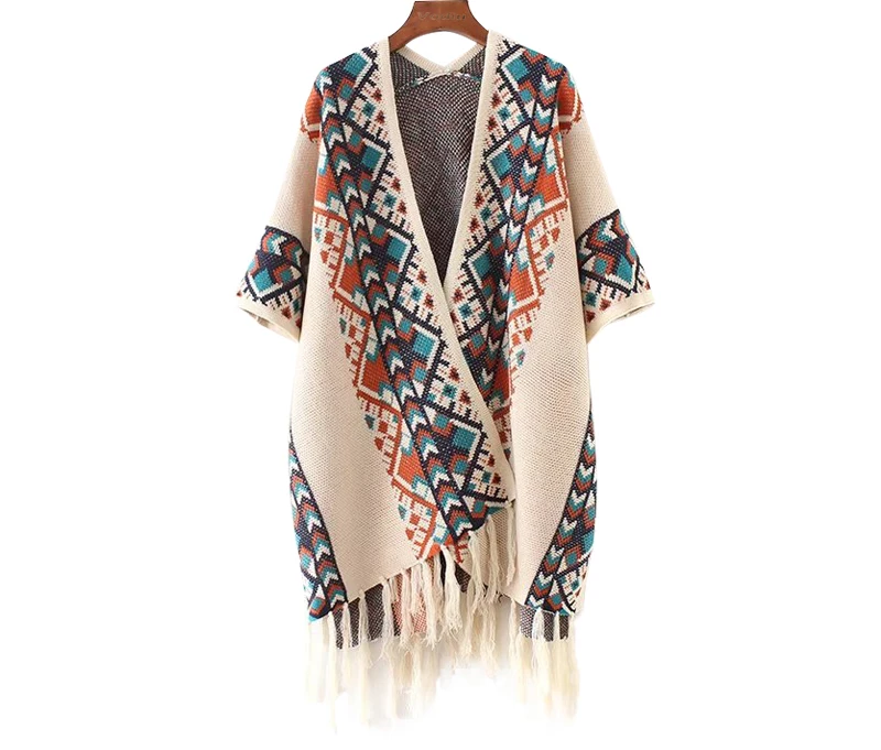 Cheshanf 2021 Women Autumn Winter Tribal Ethnic Knitting Cardigan Sweater Warm Shawl Fashion Streetwear Poncho Cape