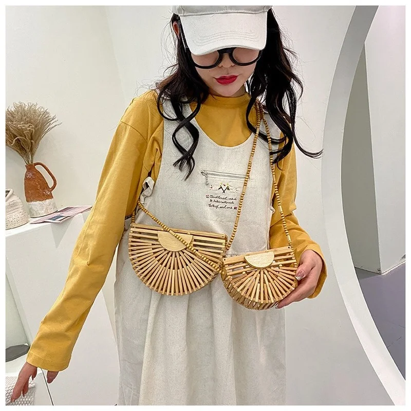 Fashion Half Moon Bamboo Shoulder Crossbody Bags for Women Hollow Woven Summer Beach Straw Bag Rattan Small Phone Purses 2024