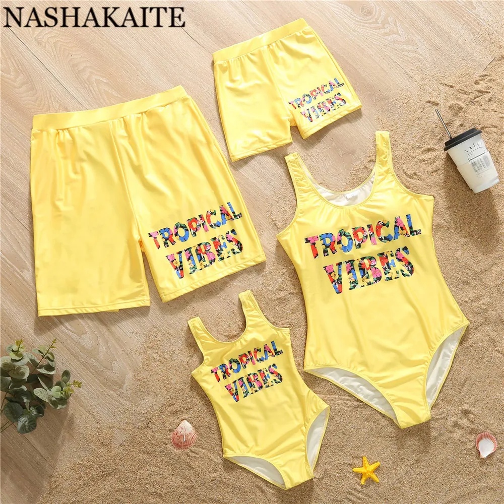 NASHAKAITE Mother Daughter Swimwear Yellow Letter Printed Family Swimsuit Summer Beachwear Family Look Mommy and me clothes