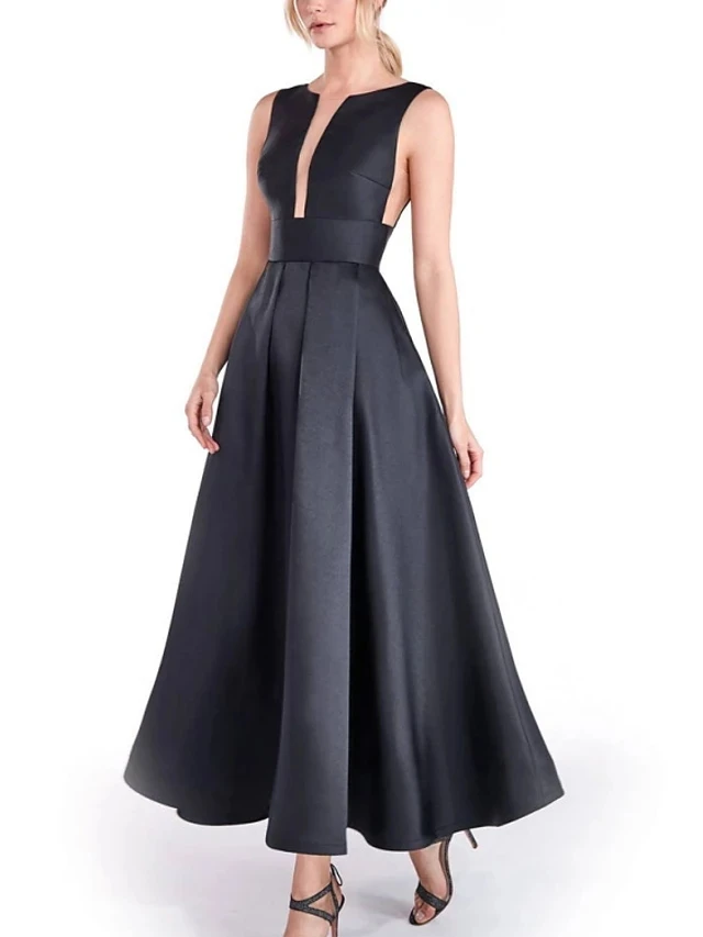 Sexy aberto para trás preto vestido de noite formal jewel neck sem mangas tornozelo comprimento cetim baile de formatura vestidos de festa quente noche