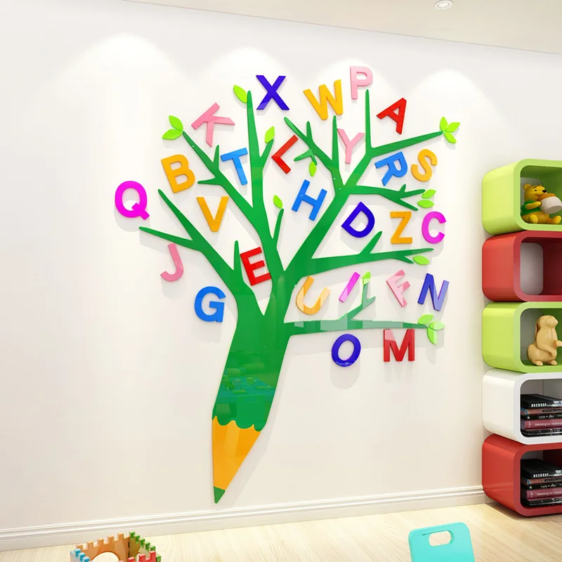 Pegatinas de pared para decoración de aula de jardín de infancia, pegatina de pared 3D para dormitorio de niños, pintura de árbol de alfabeto