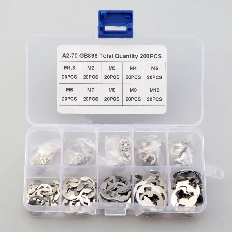 200PCS E Clip Washer Assortment Kit Stainless Steel M1.5-M10 Circlip E-type Retaining Ring for Shaft Fastener Combination Set