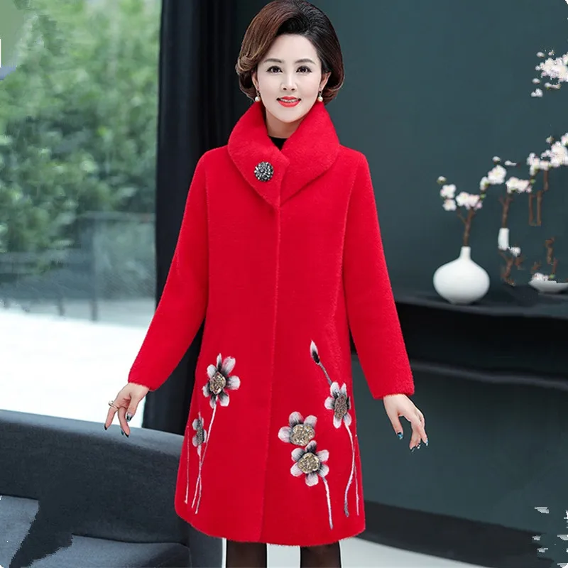 UHYTGF Quality mink cashmere autumn winter wool coat women embroidered noble cashmere warm long jacket thick Big size coats 633