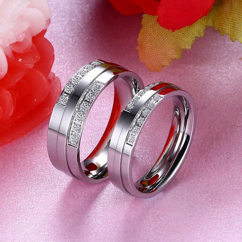 Fashion Titanium Steel Rings for Couple Men & Women Anniversary Zircon Crystal Stone Lovers' Wedding Ladies Support Engraving