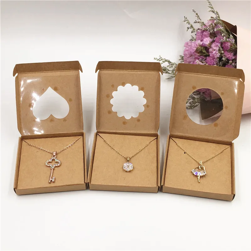 50Sets Kraft Paper Handmade Jewelry Set Packing Displays Boxes Brown Necklace And Earring Gift Boxes 6x6x1cm 6x6x1.5cm