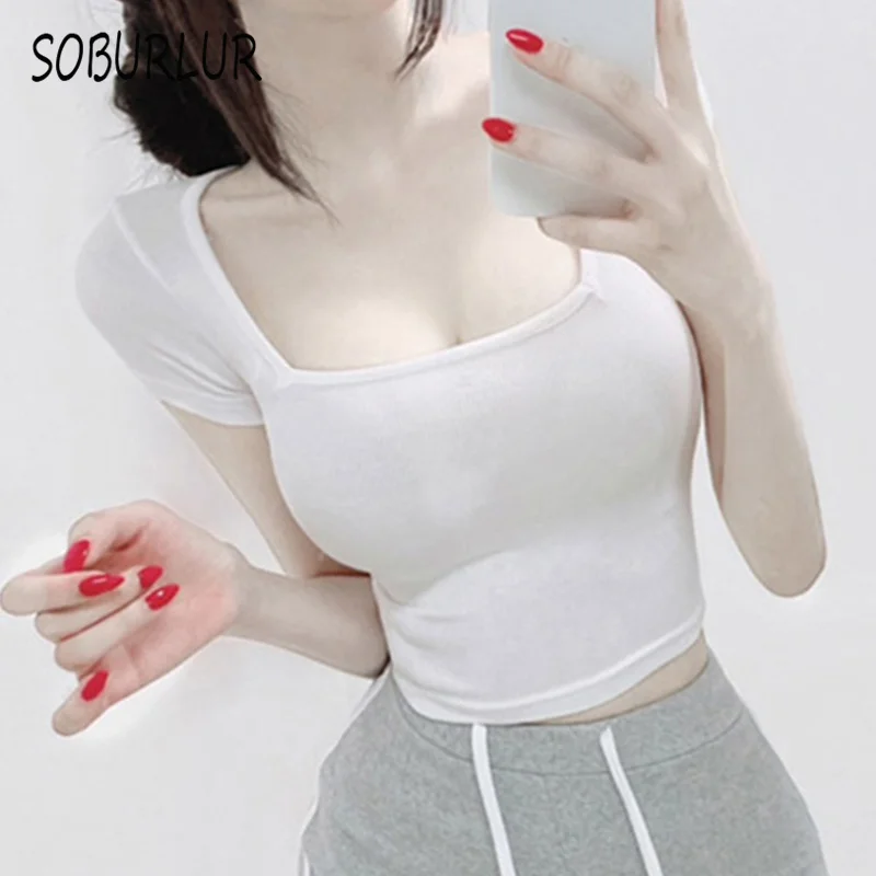 

SOBURLUR 2021 Summer New Casual Female White T Shirt Crop Tops Woman Clothing Sexy Oversize Women's T-Shits Short Sleeve Blousas