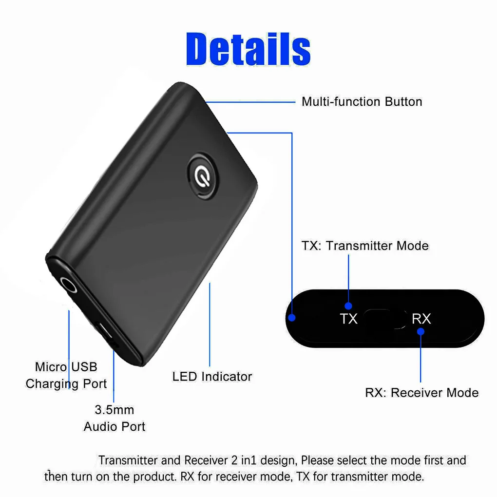 2 in 1 Wireless Bluetooth-compatible 5.0 Transmitter Receiver Chargable for TV PC Car Speaker 3.5mm AUX Hifi Music Audio Adapter