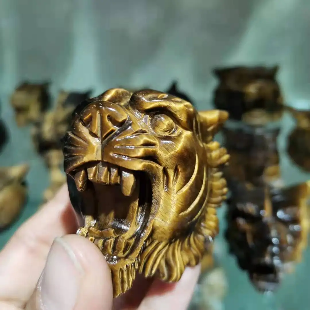 Natural Stone Carved Tiger Head statue Yellow Tiger eye stone Animal figurine desk decoration