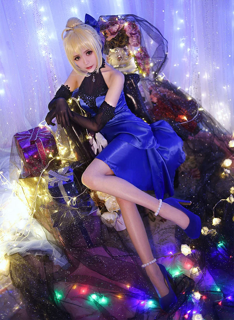 FGO Fate/Extella Saber Cosplay Kostüme Halloween Karneval Party Volle Kleid Blau Sexy Ärmellose Brust Formale Kleid Nach Maß