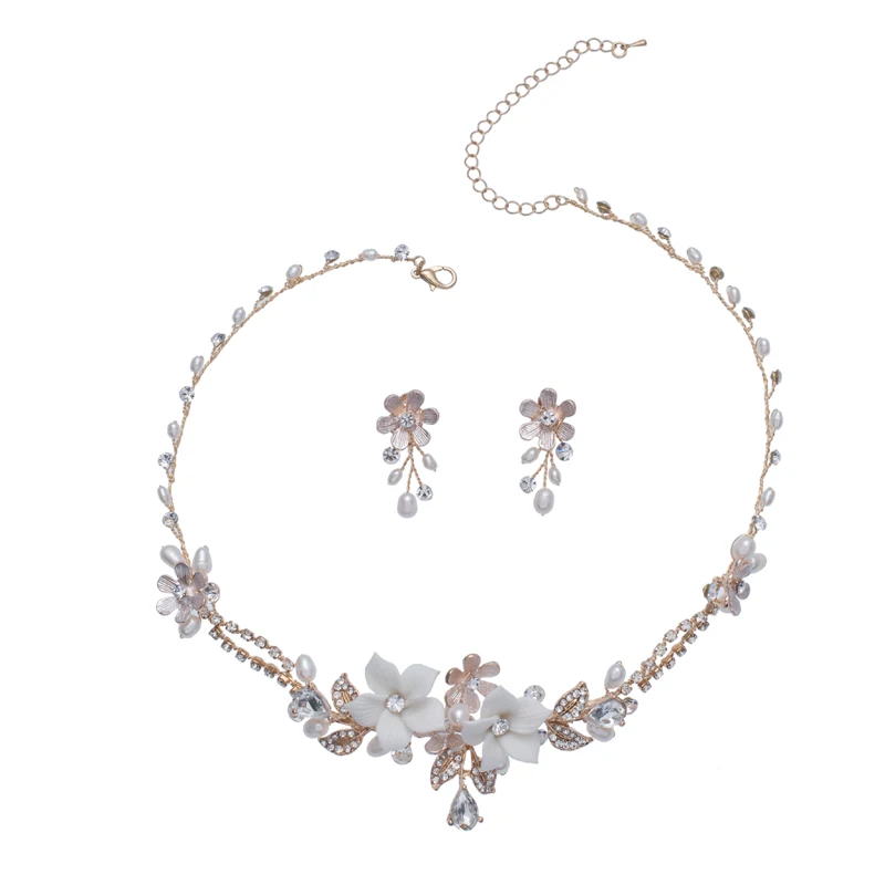 Delicate Floral Bridal Necklace with Earrings Freshwater Pearls Women Jewelrys Handmade Wedding Prom Jewelry Set