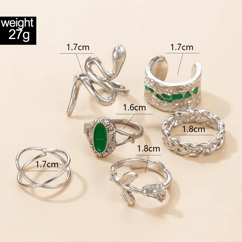 Docona 6 teile/satz Vintage Antike Schlange Finger Ringe für Frauen Grün Dropping Öl Strass Blumen Ring Set Schmuck кольца 19673