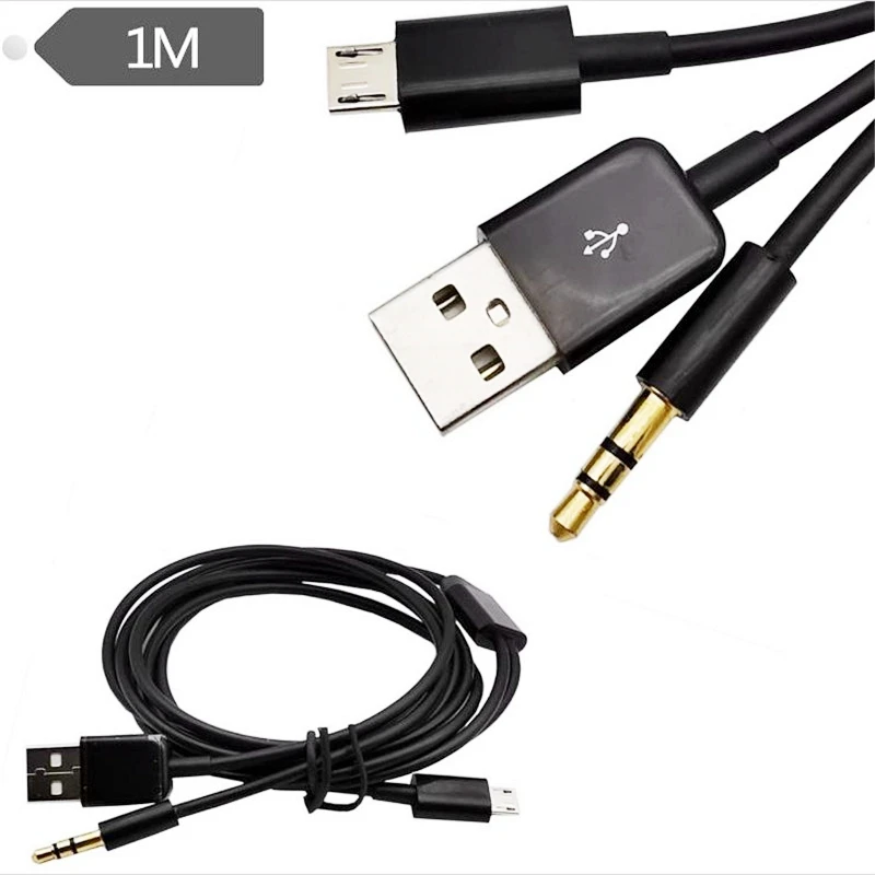 1m 2in1 Cable - Micro USB to USB & 3.5mm Aux Standard Audio Jack Connection Cable - Compatible with many speakers, Mp3 Player