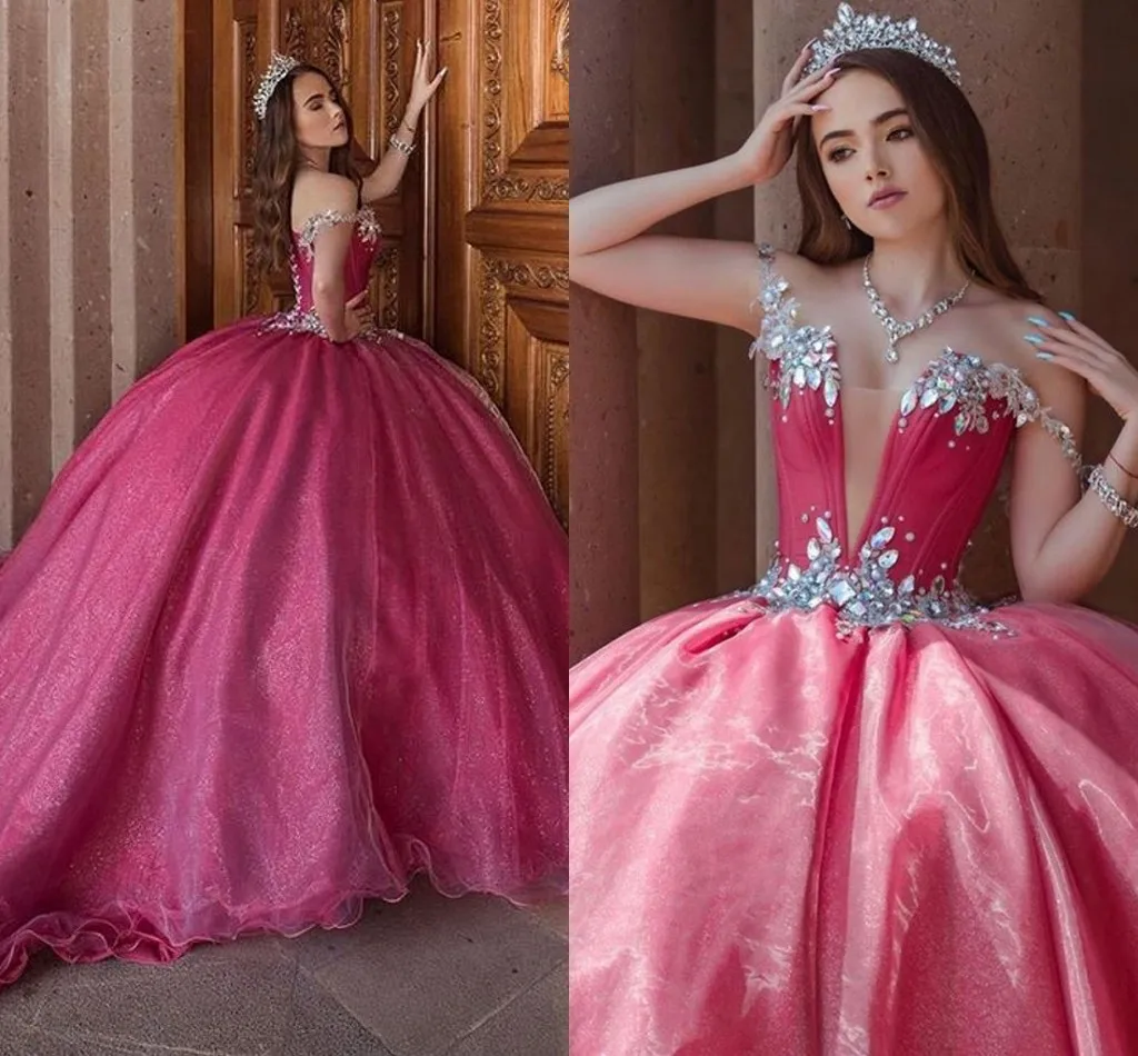 Vestido De 15 Anos 2021 Rose Rode Sparkly Zoete 16 Quinceanera Jurken Voor Meisjes Diamond Sweetheart Lace-Up Pageant prom Jassen