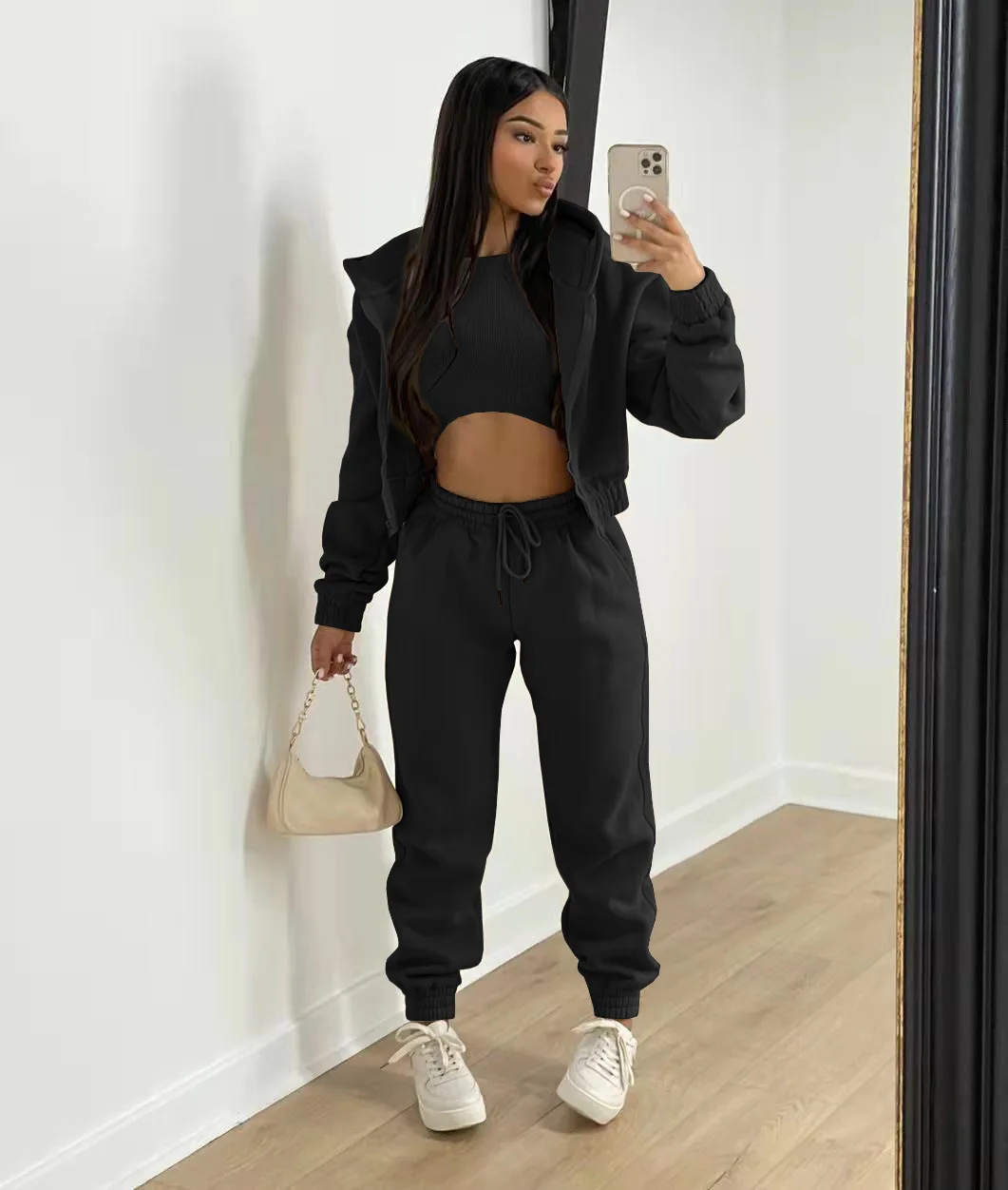 Women 3 Piece Sets Casual Long Sleeve Zip Hoodies+Ribbed Tank+High Waist Sweatpants Jogger Pant Suits Sporty Three Pieces Outfit