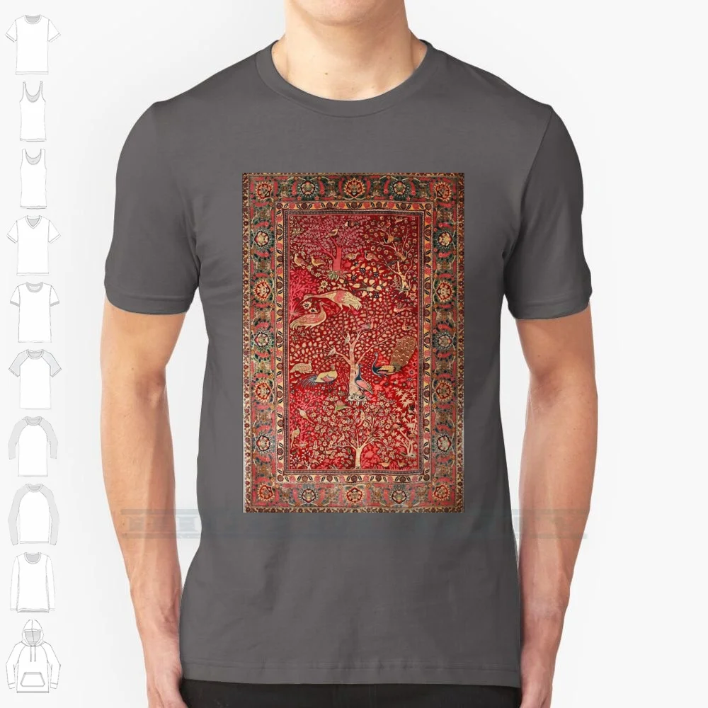 Antique Persian Rug Bird Tree Flowers Ca. 1600 100% Cotton T Shirt Persian Rug Carpet Pattern Nature Red Antique Vintage Tree