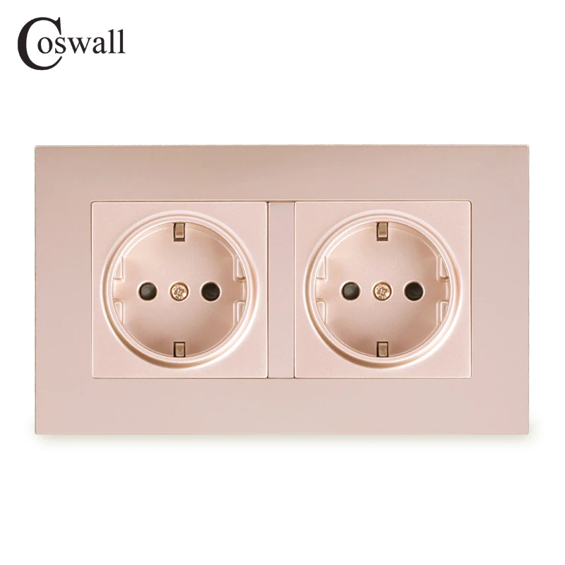 COSWALL Simple Style PC Panel 16A EU Standard Wall Power Double Socket Grounded With Children Protective Lock 146*86mm