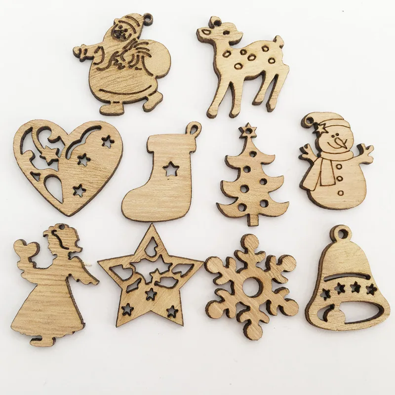 50Pcs Mixed Natural Wooden Chip Craft Scrapbook DIY Santa Claus Christmas Tree Hanging Ornaments Pendant Kids Gifts Snowman Tree