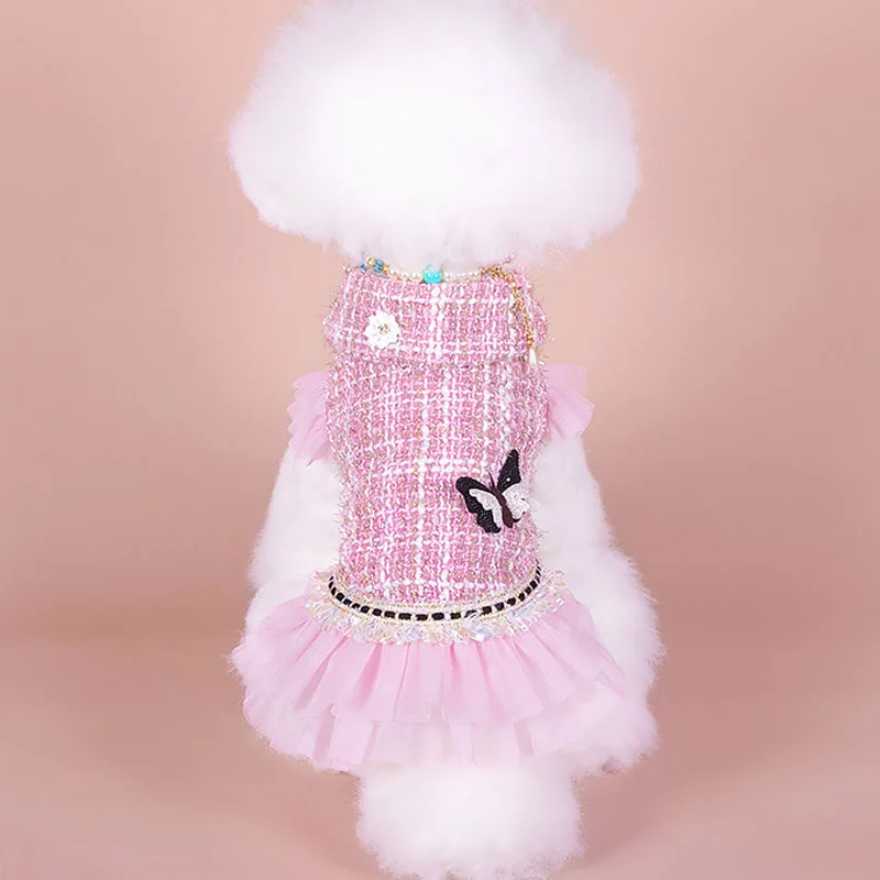 Noble Dog Coat for Princess Girls Winter Pet Clothes,Pink Tulle Short Sleeve Butterfly Pattern,Tutu Dress,Puppy Jacket Outfit XS