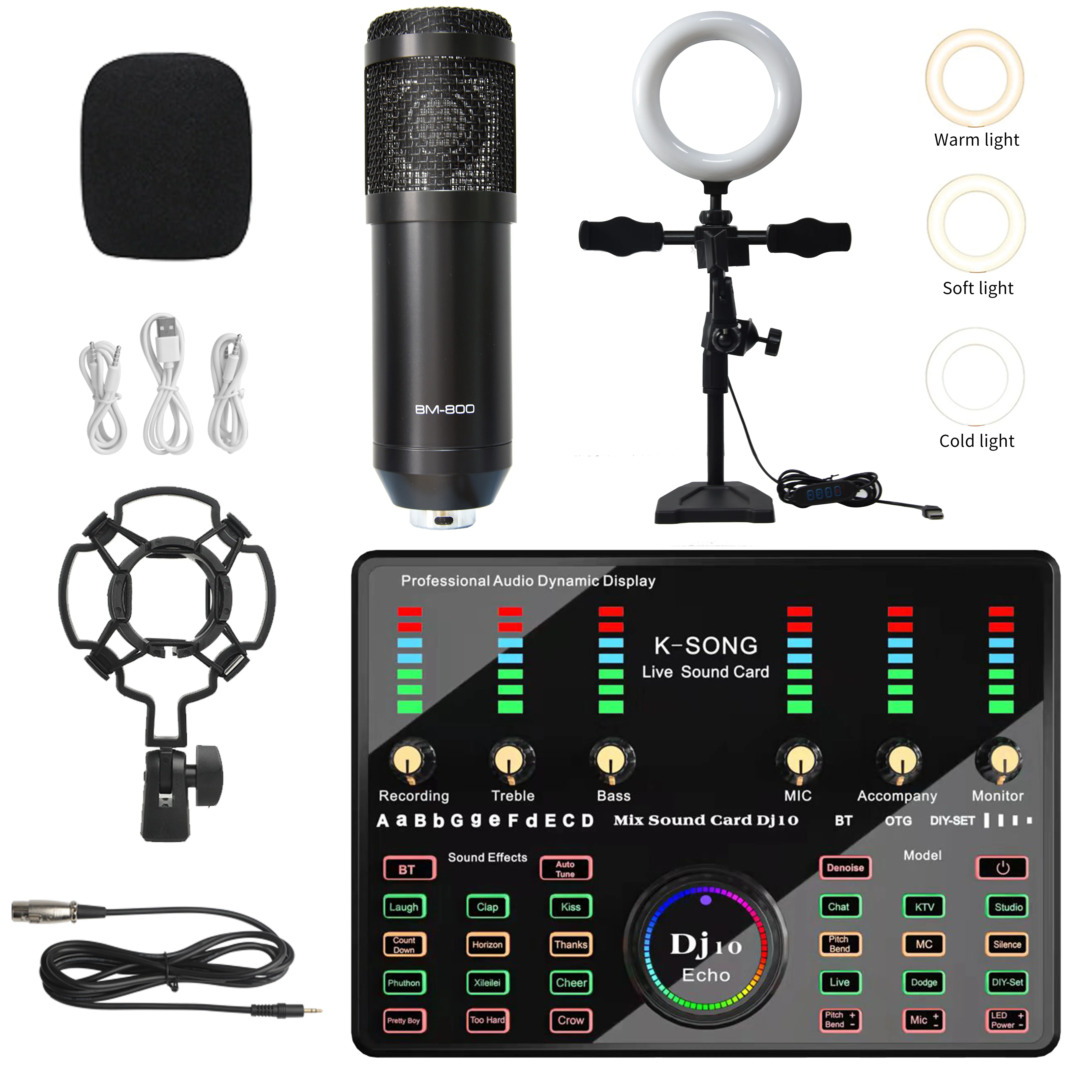 BM 800 전문 콘덴서 마이크 (PC 폰용 링 필 라이트 포함) 라이브 스트리밍 키트 가라오케 노래 게임 마이크 스탠드