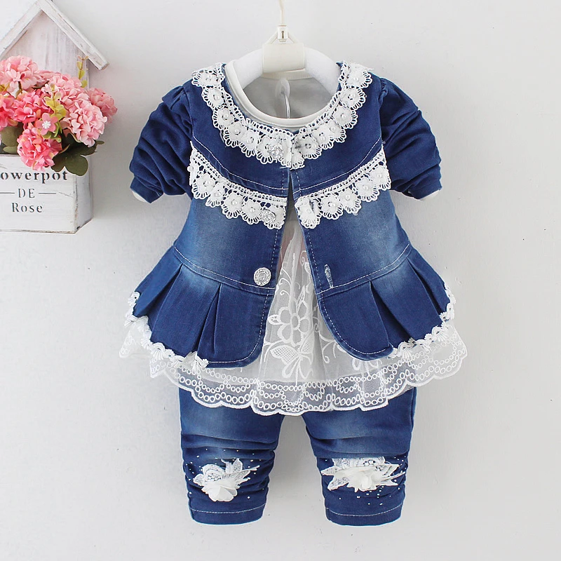 Spring Autumn Infant Toddler Baby Girl Denim Clothing Sets 3 pcs Long Sleeve T Shirt Tops Denim Jacket and Jeans Trousers