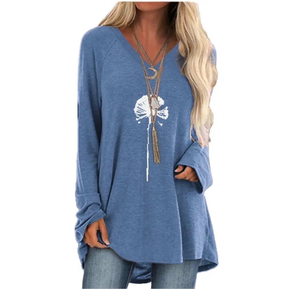 

Женская футболка Одуванчик с цветочным принтом, элегантный топ с V-образным вырезом и длинным рукавом, модная повседневная свободная уличная одежда оверсайз, осень 2021