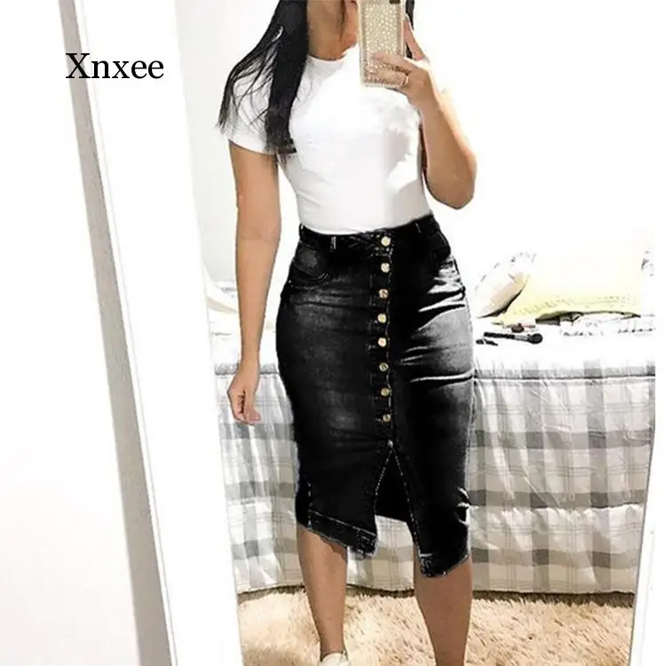 Summer Women\'s Denim Skirt Ladies High Waist Sexy Wrapped Hip Torn Destroyed Tight Skirt Pencil Midi Skirt