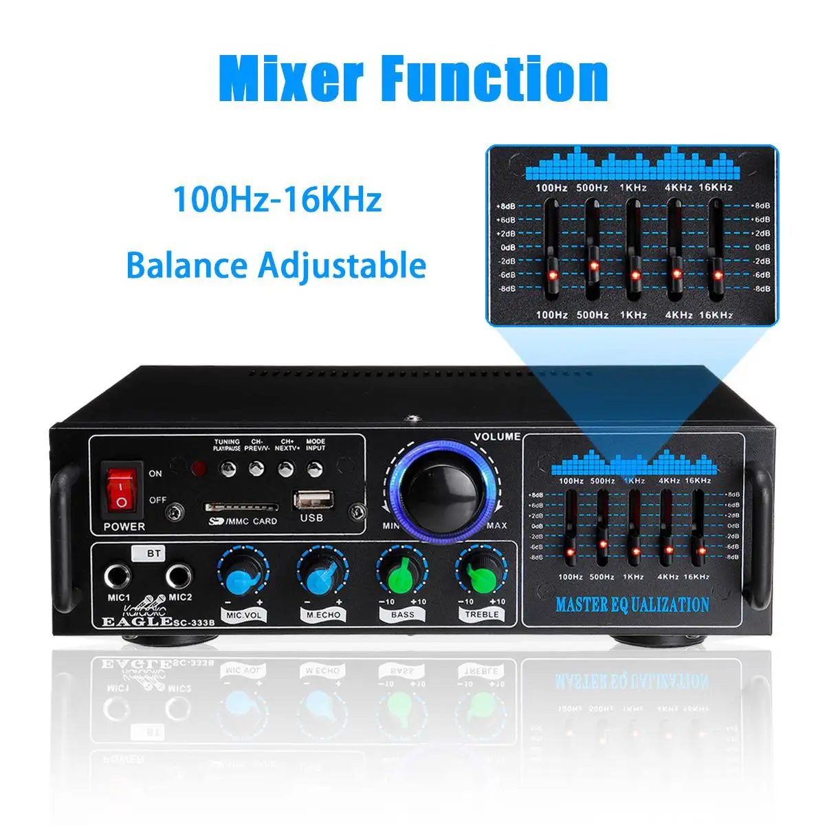 2000W 2CH bluetooth Stereo Amplifier Surround Sound Mixer 2mic HiFi Amplifiers USB AMP FM AUX Home Cinema Karaoke Remote Control