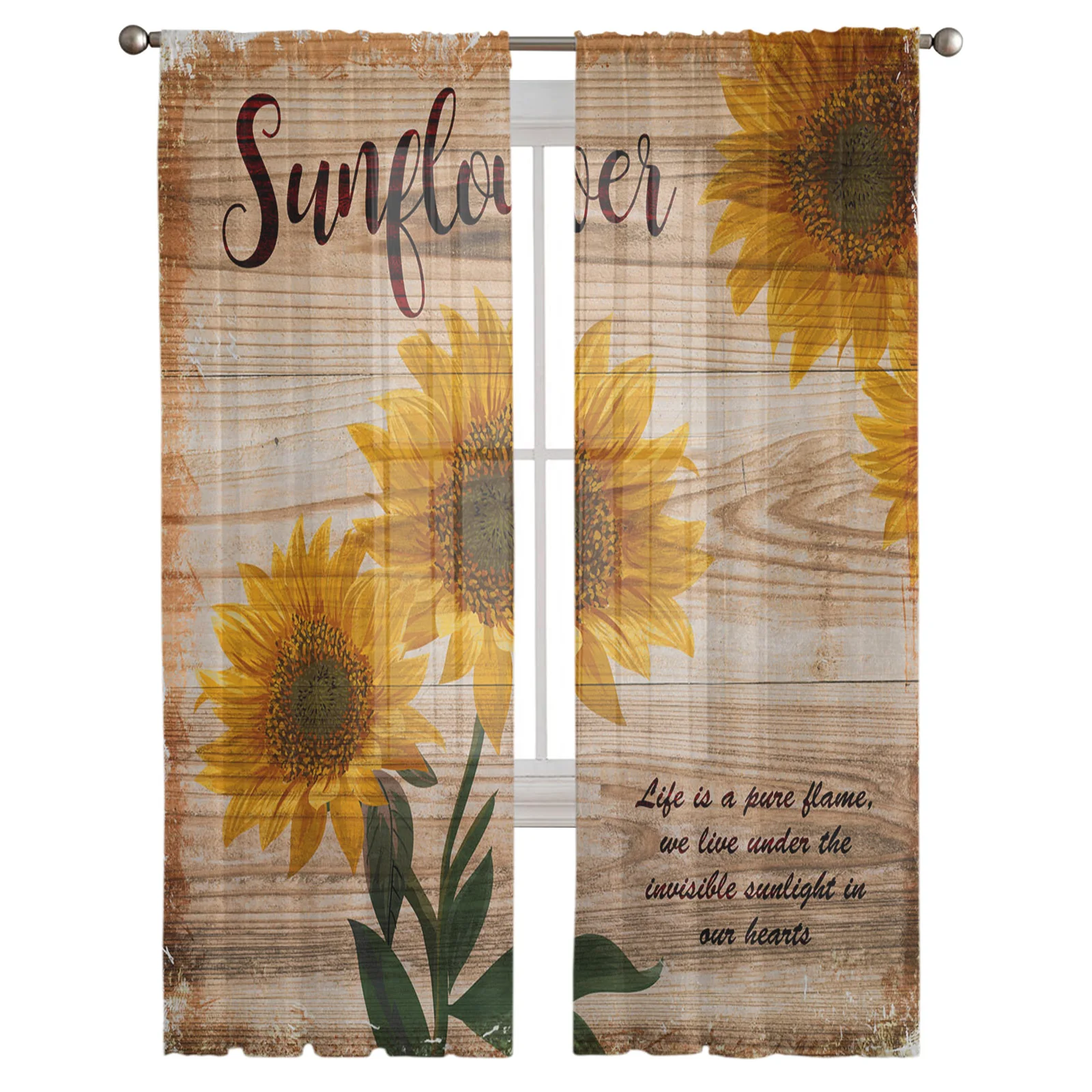 Farm Retro Sunflower Wood Grain Tulle Curtain Voile Transparent Tulle for Bedroom Living Room Kitchen Sheer Window Curtains