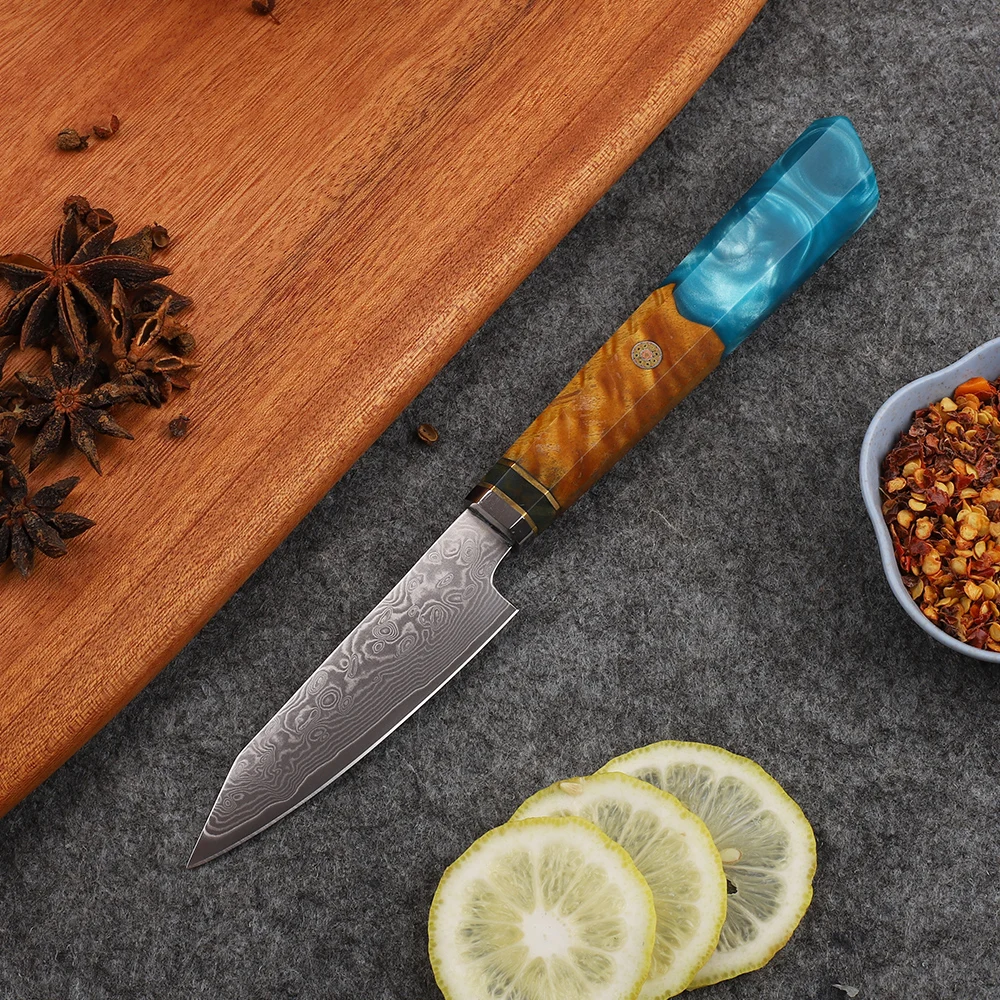 

3.3 Lnch Multifunctional Peeling Fruit 67 Layers Damascus Steel Blade Resin + White Shadow Wooden Handle EDC Tool Chef Knife