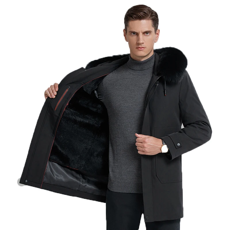 

Luxury Men Winter Jackets Warm Big Fox Fur Collar Black Coats Jackets for Men Mid-length Outdoor Fur Coats, Big Sizes M-4XL