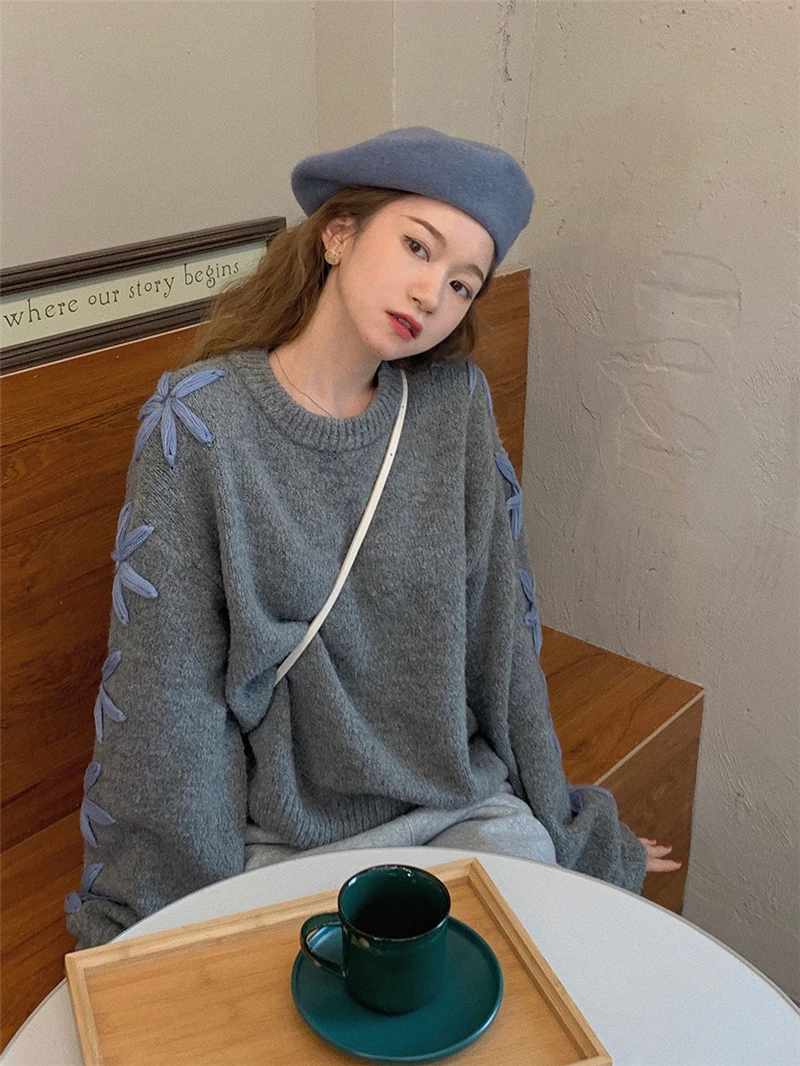 LMQ NEW 2020 Women Korean Flowers Print Oversized Knit Sweater O-Neck Loose Elegant Casual Knitted Thicked Warm Pullovers Tops