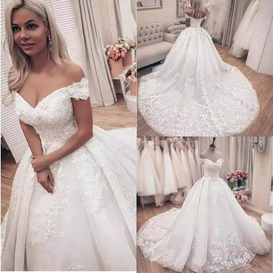 

Off The Shoulder Wedding Dress 2021 Puffy Lace Appliques Plus Size Ivory Long Train Church Lawn Vestido De Novia Gowns for Bride