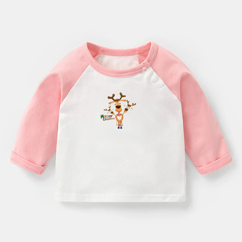 

Merry Christmas Three Cute Christmas Elk Bells Design Newborn Baby T-shirts Toddler Raglan Color Long Sleeve Tee Tops