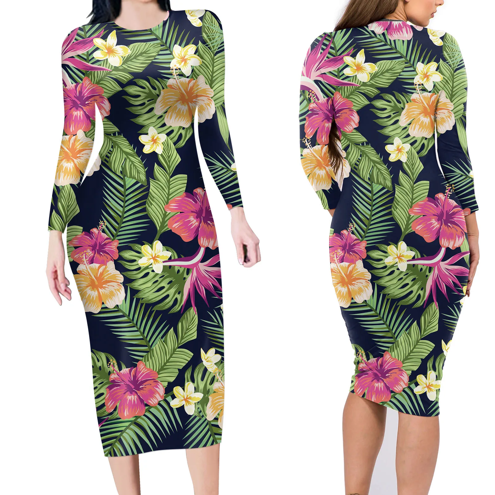 Autumn Avant-garde Long-Sleeved DressCustom Black Background With Monstera Leaf Hibiscus Plumeria Ladies Playful Bright Clothing