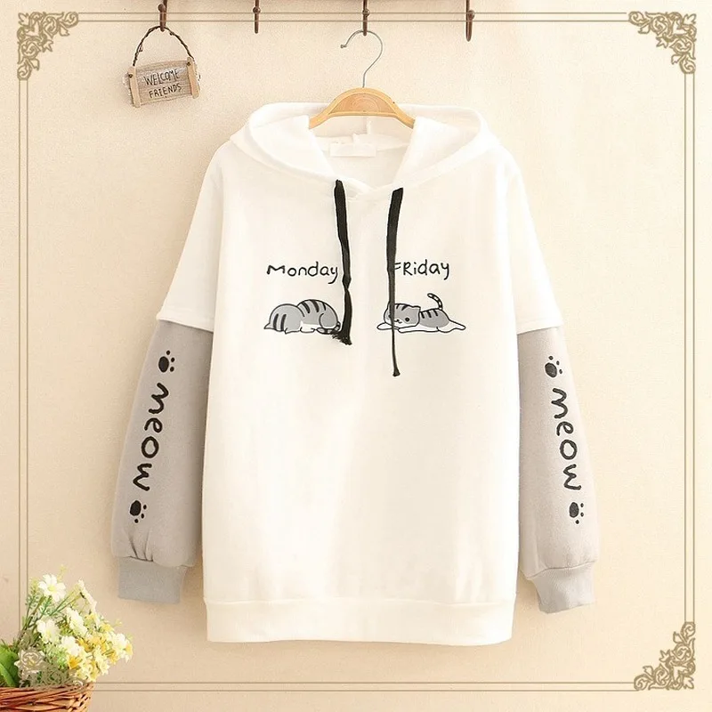 Japanese Mori Girl Cute Anime Women Sweatshirt Winter Animal Printed Warm Fleece Teens Kawaii Cat Graphic Grey Hooded Hoodie