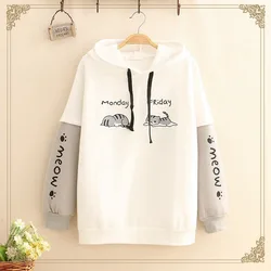 Japanese Mori Girl Cute Anime Women Sweatshirt Winter Animal Printed Warm Fleece Teens Kawaii Cat Graphic Grey Hooded Hoodie