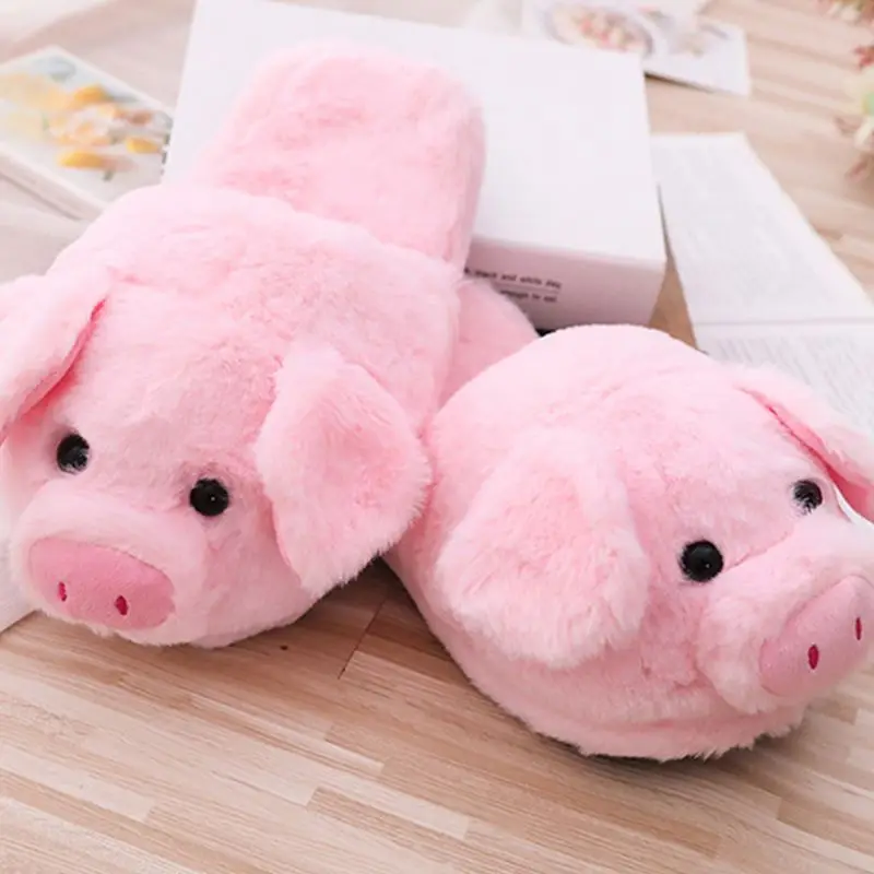 Women Winter Pink Pig Animal Cartoon Plush Slippers Non-Slip Furry Shoes