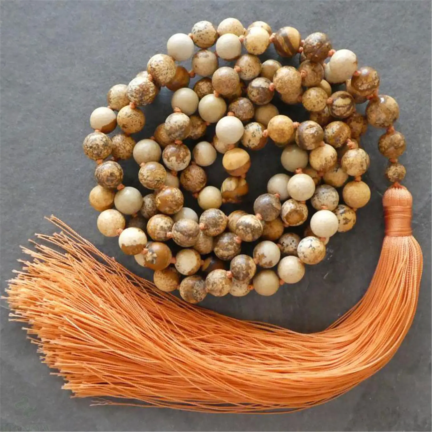 

6mm Picture Stone Knotted Tassel 108 Bead Mala Necklace Chakra Bracelet Healing Prayer Men Yoga