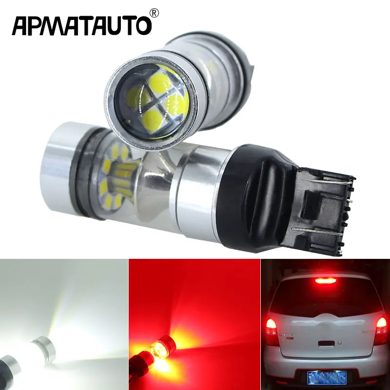 Apmatauto 2pcs 100w Brilliant Red White 20-SMD-3030 W21/5W 7443 7444 T20 SRCK LED Replacement Bulbs For Car Brake/Tail Lights